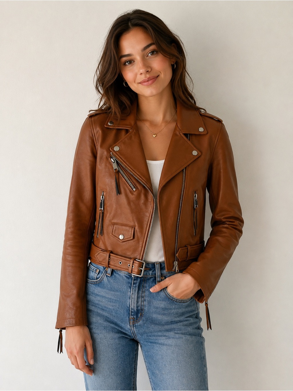 Rebecca Minkoff Women's Cognac Brown Vegan Leather Moto Jacket S